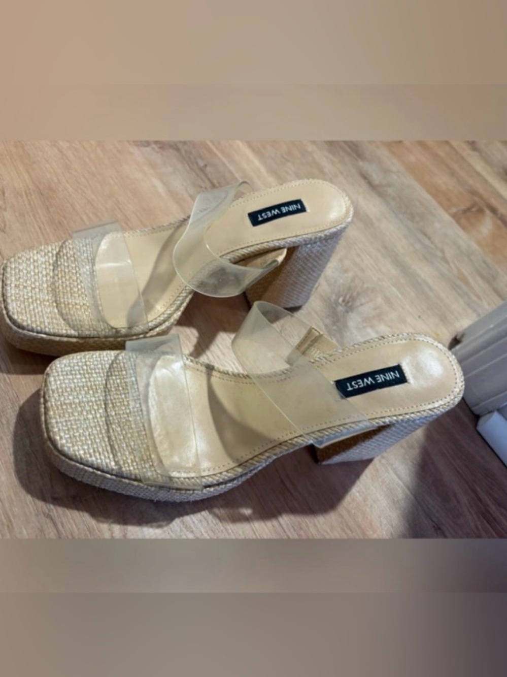 Nine West Clear Double-Strap Raffia Platform Sandals - Beige - Picture 2 of 3
